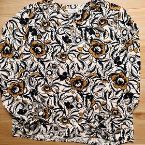 Masai Copenhagen Floral Blouse Medium Black White Mustard Boho Tie Sleeve Top